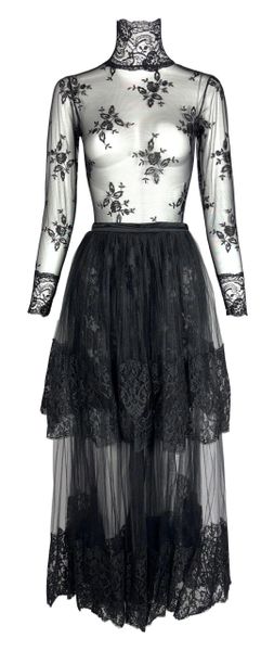 1990's Christian Lacroix Black Swan Goth Sheer Black Floral Lace Embroidered Bodysuit Top & Tulle Maxi Skirt