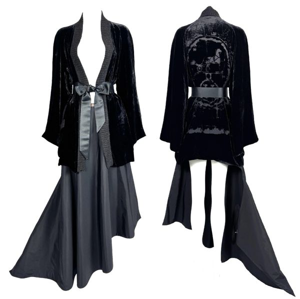 F/W 2004 Hermes by Jean Paul Gaultier Runway Sheer Black Logo Velvet Kimono Jacket & Cut-Out Mini & Long Skirt Set