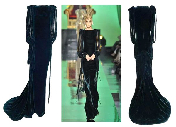 F/W 2007 Jean Paul Gaultier Haute Couture Runway Dark Green Velvet Fringe Gown Dress