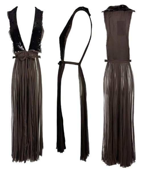 NWT 2013 Dsquared2 Plunging Sheer Brown Silk Sequin Embellished Apron Side Cut-Out Dress