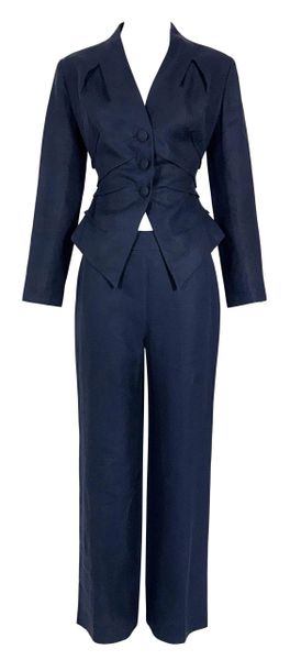 S/S 2010 Christian Dior Haute Couture by John Galliano Navy Blue Fitted 1940's Style Short Jacket & Pants Suit