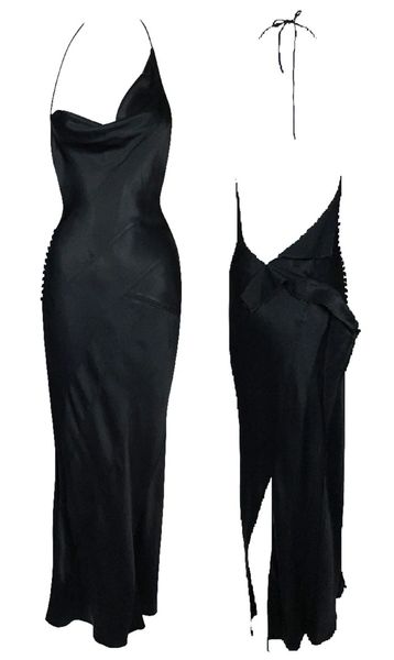 S/S 2000 Christian Dior by John Galliano Asymmetrical Black Satin Halter Backless Maxi Dress