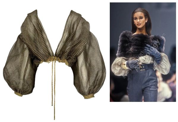 F/W 1990 Gianfranco Ferre Runway Sheer Plunging Gold & Brown Tulle Cropped Jacket