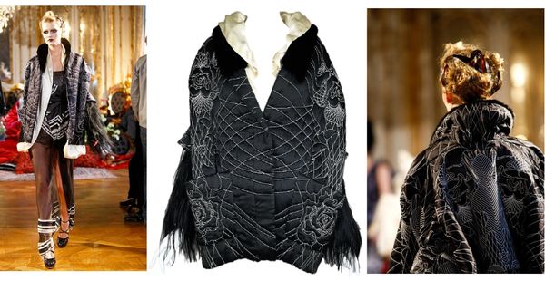 F/W 2011 John Galliano Runway RARE Japanese Embroidered Tattoo Black Silk Puffer Mink & Yak Fur Coat Jacket