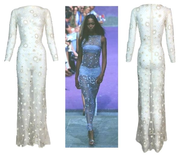 S/S 1999 Atelier Versace Couture Runway Sheer Ivory Mesh Crystal Embellished Gown Dress