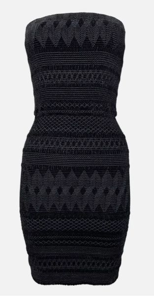 Vintage F/W 1995 John Galliano Knit Aztec Embroidered Bodycon Black Strapless Bustier Mini Dress