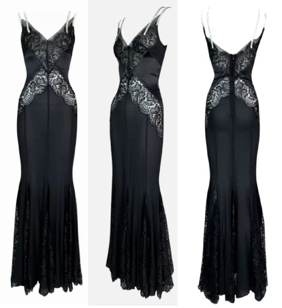 F/W 2004 Dolce & Gabbana Sheer Black Lace & Silk Crystal Straps Mermaid Gown Dress