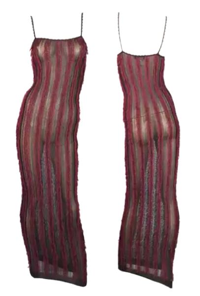 F/W 1999 Christian Dior by John Galliano Brown & Red Sheer Eyelash Fringe Bodycon Wiggle Maxi Dress