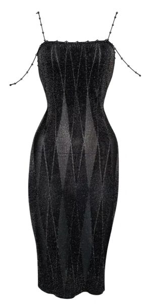 S/S 1999 Christian Dior by John Galliano Harlequin Black & Gold Knit Beaded Straps Midi Dress