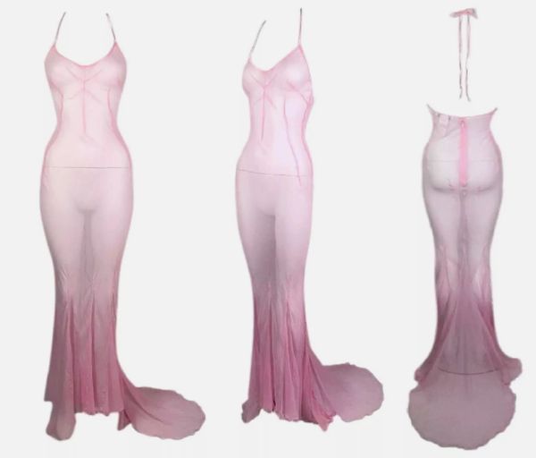 F/W 2000 Dolce & Gabbana Runway Sheer Pastel Pink Silk Halter Gown Dress w Train