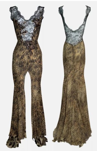 F/W 2006 Roberto Cavalli Sheer Black Plunging Lace Leopard Beaded Gown Dress