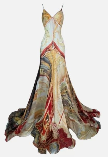 S/S 2003 Roberto Cavalli Runway Sheer Mesh & Silk Printed Gown Dress w Train