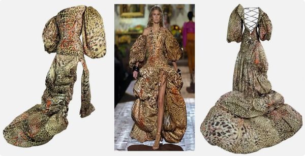 S/S 2005 Roberto Cavalli Runway Puffy Victorian Leopard Off Shoulder Corset Ball Gown Dress w Long Train