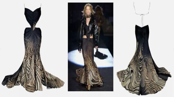 F/W 2003 Roberto Cavalli Runway Brown Cut-Out Plunging Gown Dress