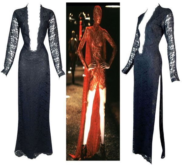 F/W 1998 Alexander McQueen "Joan" Collection Goth Queen Black Lace Plunging Mesh High Slit Gown Dress