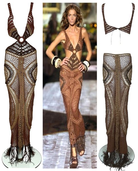 S/S 2005 Roberto Cavalli Runway Sheer Brown Boho Chic Crochet Plunging Cut-Out Maxi Dress