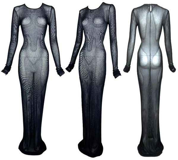 Vintage 1990's Dolce & Gabbana Black L/S Fishnet Extra Long Maxi Dress