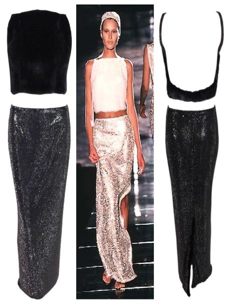 F/W 1998 Atelier Versace Couture Runway Long Black Crystal & Metal Chainmail Maxi Skirt & Mink Crop Top Set