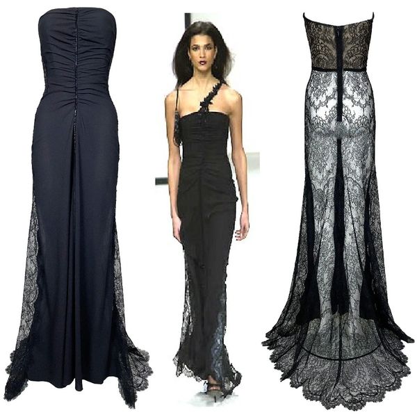 F/W 2000 Valentino Runway Strapless Black Ruched Sheer Lace Back Gown Dress w Small Train