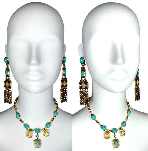 C. 2003 Christian Dior by John Galliano Large Egyptian Gold & Turquoise Earrings & Necklace