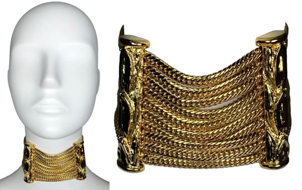 Vintage 1990's Christian Dior by Gianfranco Ferre Wide Gold Choker Chain Necklace