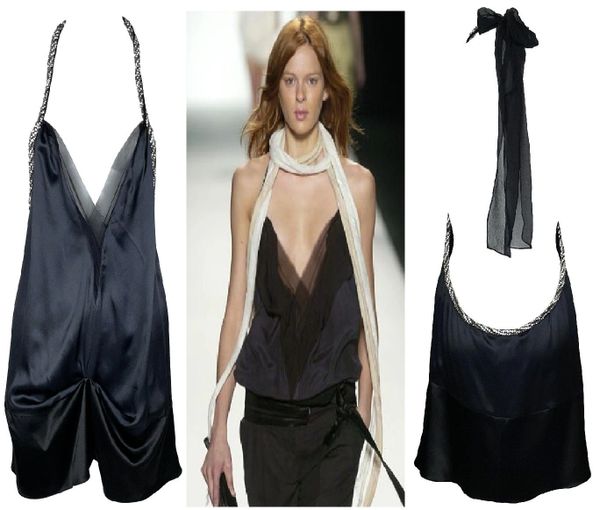 S/S 2005 Chloe Runway Plunging Black Satin Crystal Strap Mini Dress Tunic