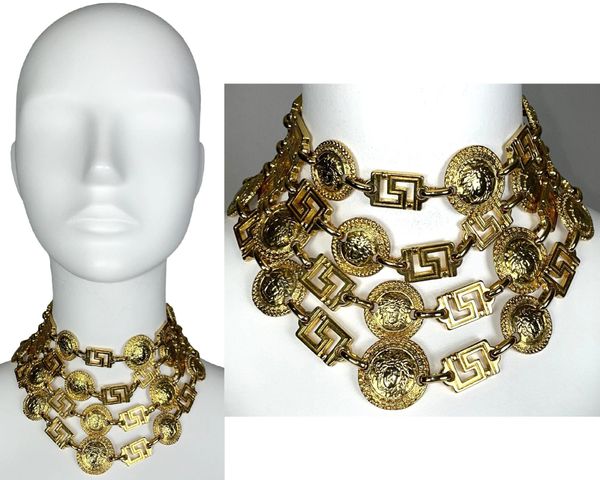 F/W 1992 Gianni Versace Runway Huge Gold Layered Medusa Logo Chain Choker Necklace