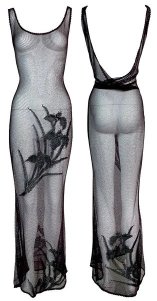 F/W 2000 Christian Dior by John Galliano Sheer 1920's Style Burgundy Fishnet Embellished Bodycon Mermaid Maxi Dress