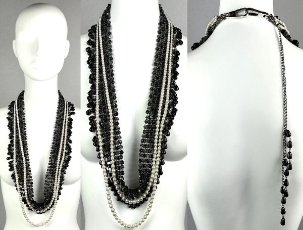 2000's Christian Dior by John Galliano Huge Chunky Silver Chain Pearl Black Stone Layered Necklace