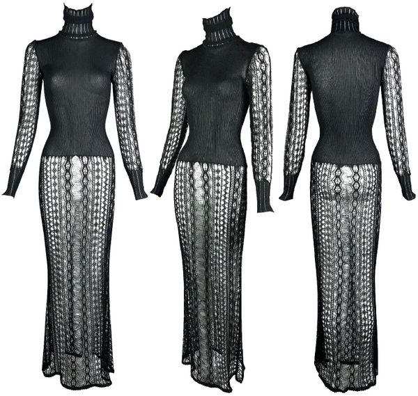 Vintage F/W 1999 Christian Dior by John Galliano Sheer Black Knit Turtle Neck Bodycon Mermaid Maxi Dress 38