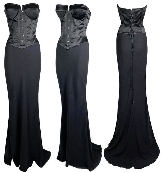 S/S 2002 Christian Dior by John Galliano Black Satin Strapless Corset Mermaid Gown Dress