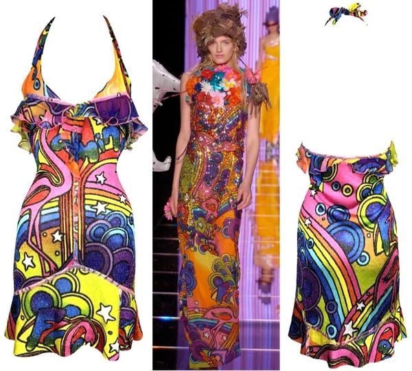 S/S 2005 John Galliano Neon 70's Retro Print Metallic Halter Mini Dress