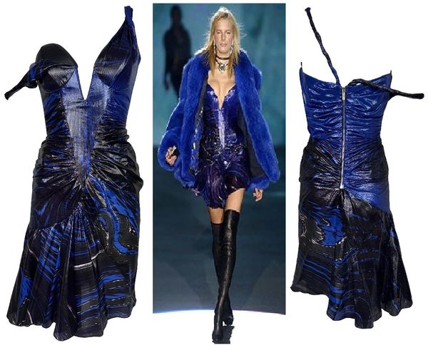 F/W 2003 Roberto Cavalli Runway Plunging Bustier Black & Blue Rockstar Off Shoulder Mini Dress