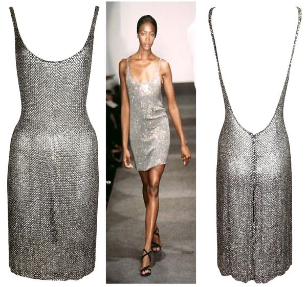 F/W 1997 Ralph Lauren Collection Purple Label Runway Plunging Scoop Neck Sheer Silver Beaded Flapper Style Mini Dress