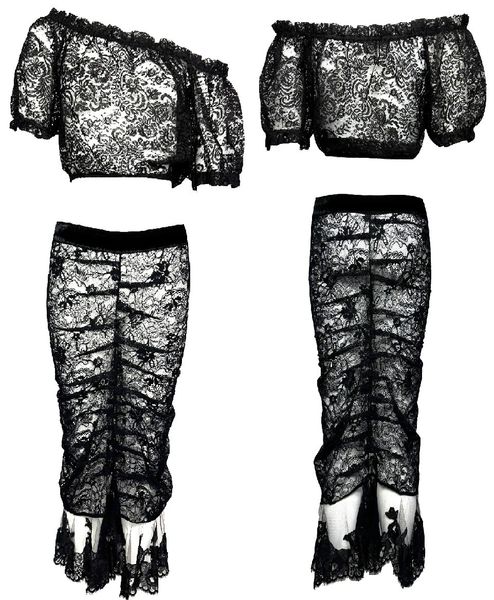 2000's Christian Dior by John Galliano Sheer Black Lace Peasant Off Shoulder Crop Top & Wiggle Maxi Skirt Set
