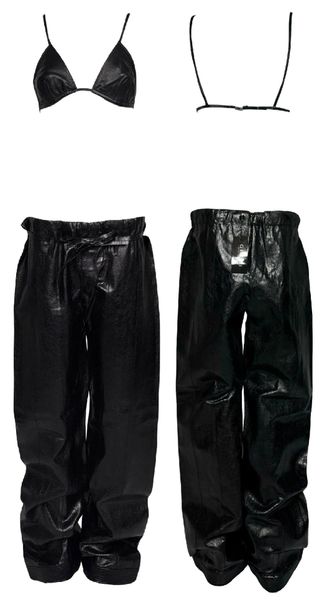 2000's Gucci by Tom Ford Black Leather Bra Top & Baggy Wide Leg Snakeskin Pants Set