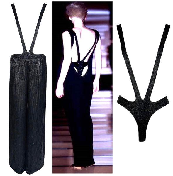 S/S 1997 Gianfranco Ferre Runway Black Beaded Plunging Suspender Bodysuit Top w Wide Leg Silk Beaded Pants Set