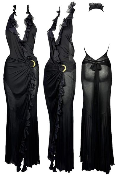 F/W 2006 Roberto Cavalli Plunging Sheer Black Ruffle Wrap Style Maxi Dress w Gold Serpent Buckle