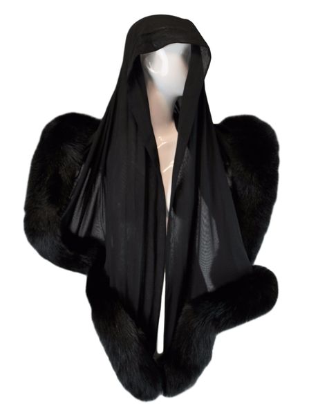 Vintage 1998 Atelier Versace Black Silk & Fur Wrap Shawl Scarf