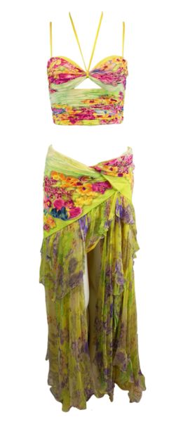 S/S 2004 Atelier Versace Silk Floral Crop Top Skirt Ensemble 40