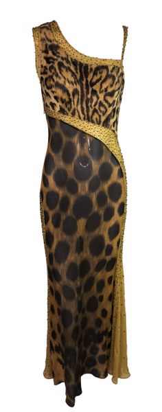 F/W 1996 Atelier Versace Runway by Gianni Sheer Faux Fur Leopard Beaded Gown Dress