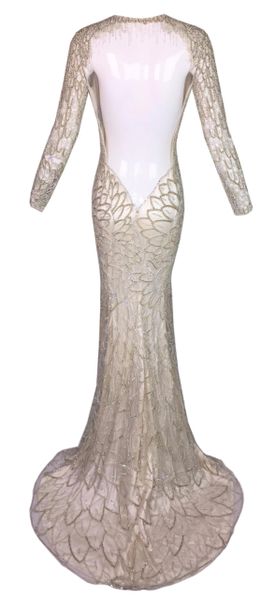 F/W 2001 Atelier Versace Runway 20's Style Beaded L/S Bridal Mesh Gown Dress