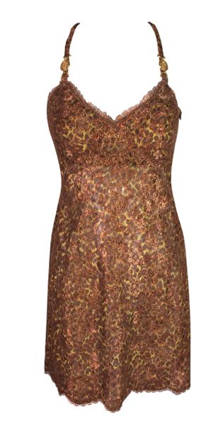 S/S 1996 Atelier Versace Runway Gianni Sheer Leopard and Bronze Lace Mini Dress