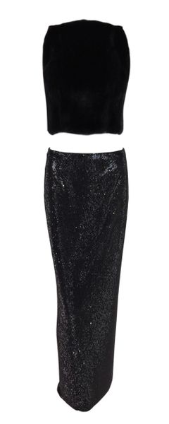 F/W 1998 Atelier Versace Runway Long Black Crystal Metal Skirt & Mink Crop Top