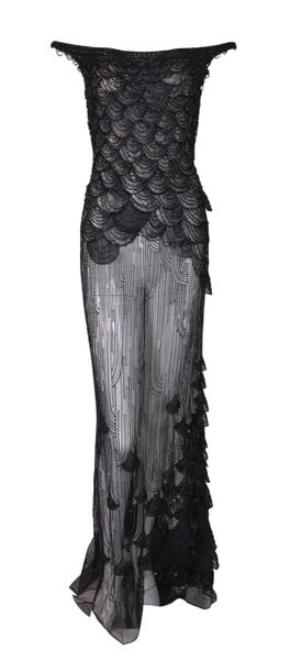 S/S 1999 Atelier Versace Runway Sheer Black Mesh Beaded Embellished Gown Dress