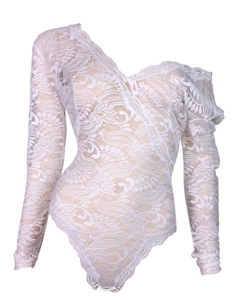 S/S 1991 Gianni Versace Sheer Ivory Plunging Lace L/S Bodysuit Top
