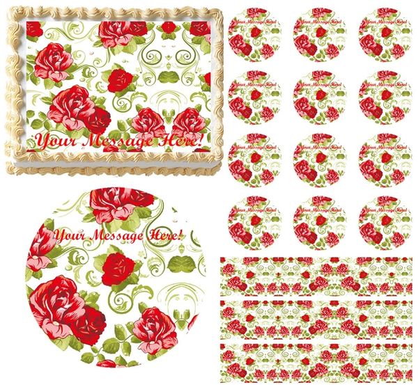 Vintage Red Roses Floral Flower Edible Cake Topper Image Frosting Sheet Cake