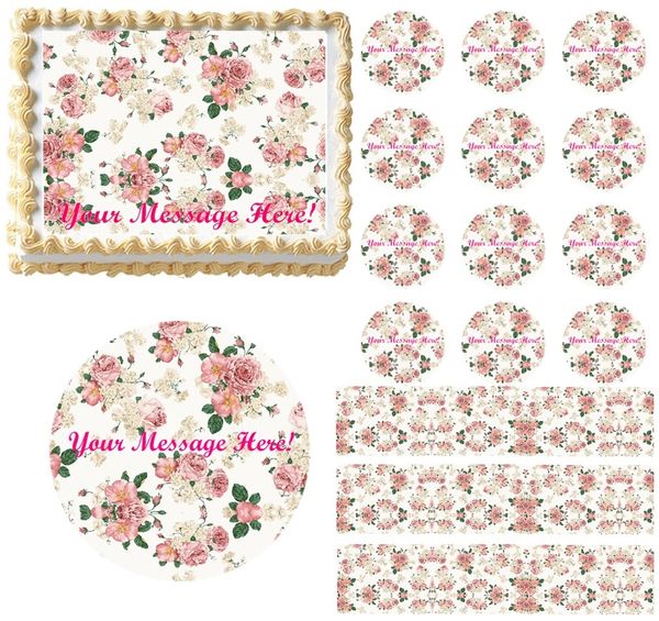 Shabby Chic Pink Roses Flowers Edible Cake Topper Image Frosting Sheet Cake Decoration