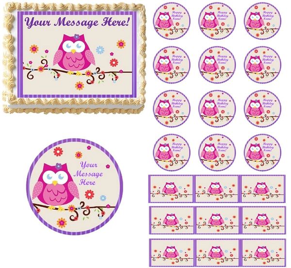 Owl Blossom First Birthday Baby Shower Edible Cake Topper Image Frosting Sheet
