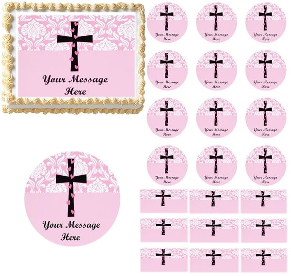Girl Baptism Christening Religious Cross Edible Cake Topper Image Pink Damask